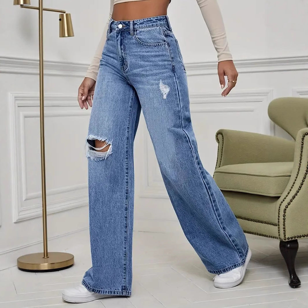 Damen Weite High-Waist Jeans mit modischen Rissdetails EB