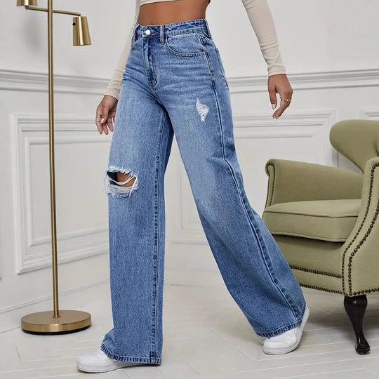 Damen Weite High-Waist Jeans mit modischen Rissdetails EB