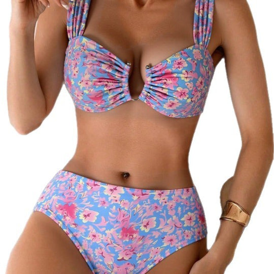 Damen Hochtailliertes Bikini-Set mit ausgefallenem rüschenförmigen Oberteil EB