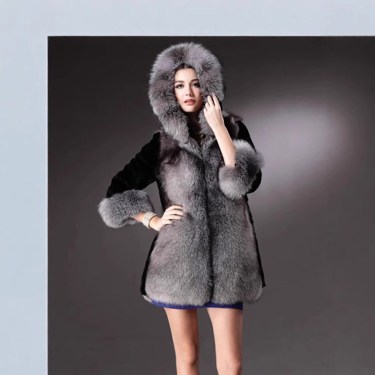 Damen Luxus Kunstpelzjacke mit Kapuze und dekorativen Details EB