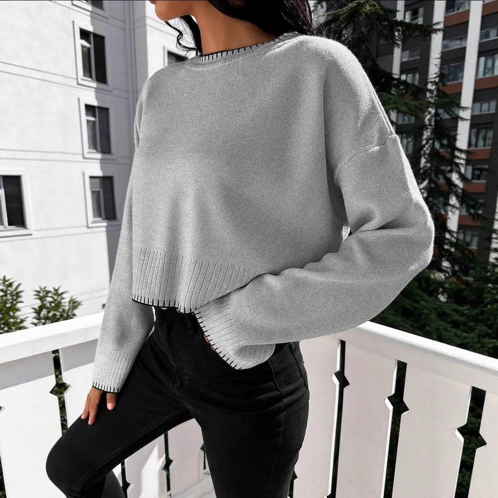 Damen lässiger Crop-Pullover mit strukturierten Säumen und Rundhalsausschnitt EB