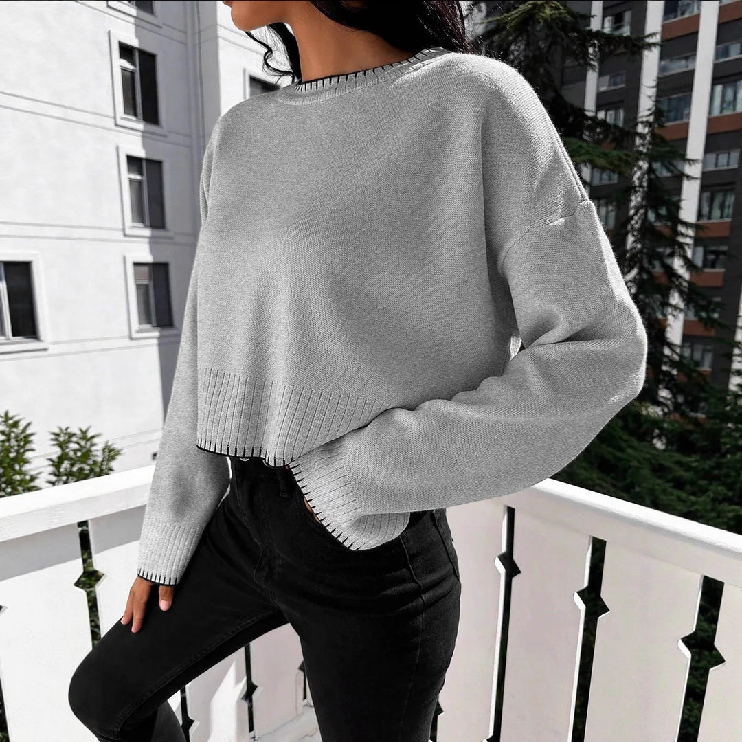 Damen lässiger Crop-Pullover mit strukturierten Säumen und Rundhalsausschnitt EB