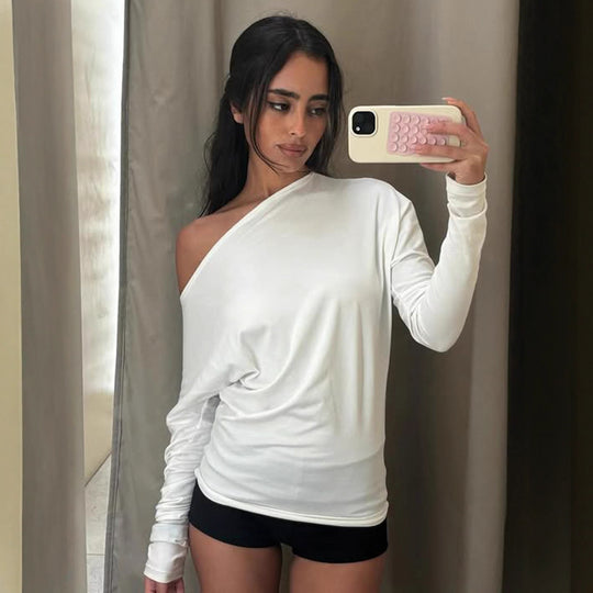 Damen nan asymmetrisches Off-Shoulder Longsleeve mit taillierter Silhouette und Daumenloch-Ärmeln EB