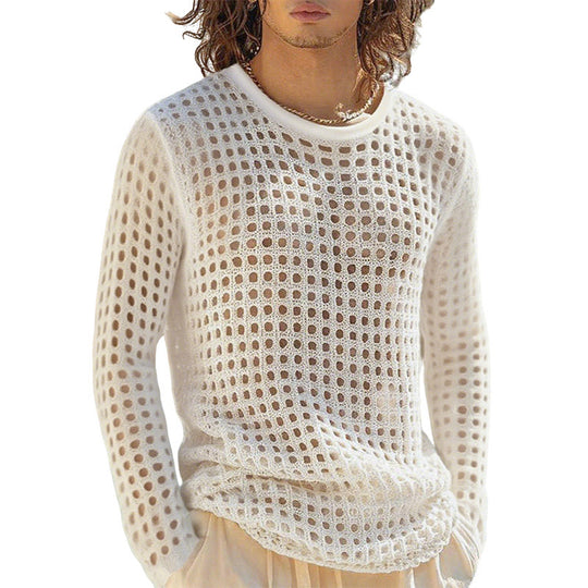Herren nan luftiger durchbrochener Strickpullover mit quadratischem Netzmuster und Rundhalsausschnitt EB