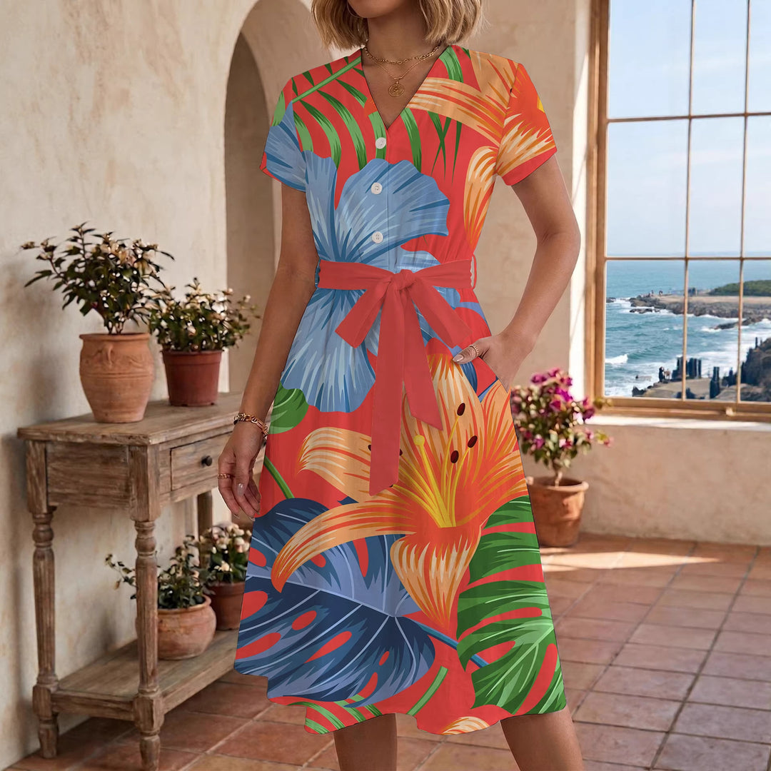 Damen Midi Kleid mit floralen Akzenten und tailliertem Schnitt EB