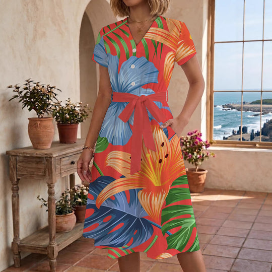 Damen Midi Kleid mit floralen Akzenten und tailliertem Schnitt EB