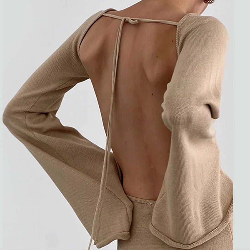 Damen lässiges Strickkleid mit weiten Ärmeln und Rundhalsausschnitt EB