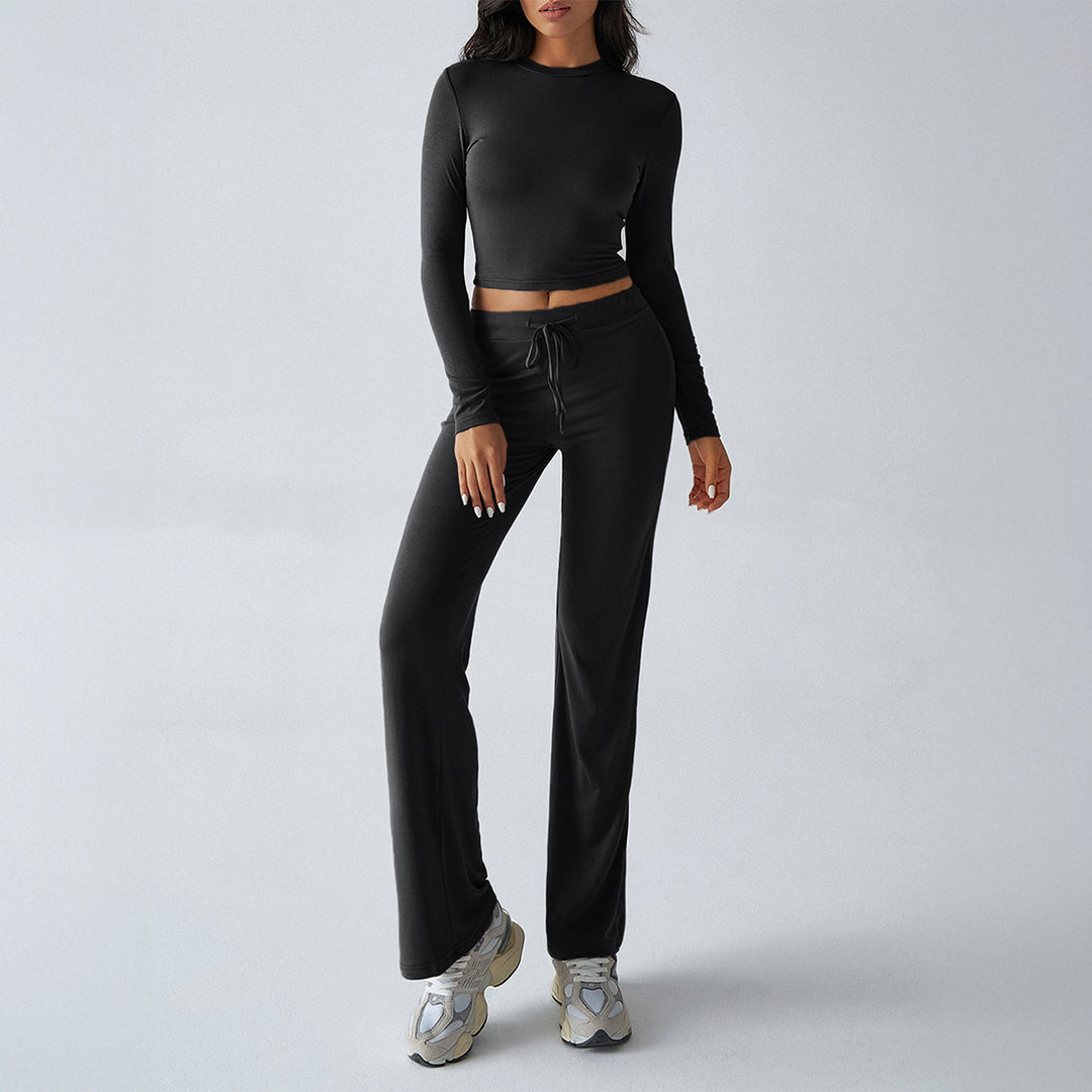Damen nan tailliertes Longsleeve-Crop-Top und weite Lounge-Hose im Zweiteiler-Set aus Stretchjersey EB