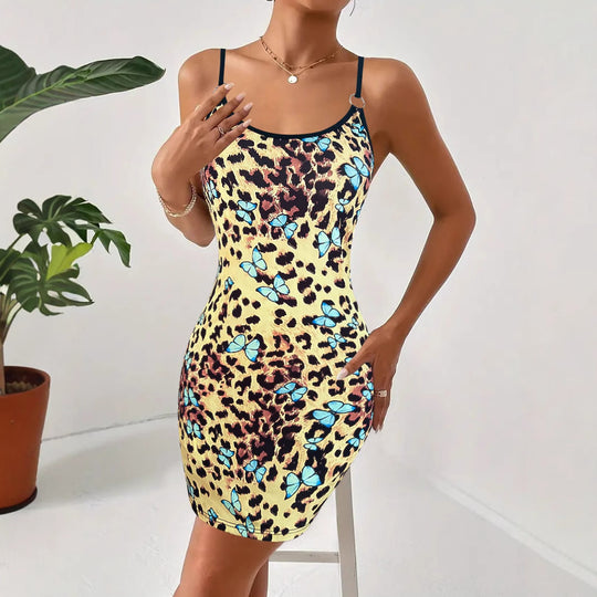 Damen figurbetontes Minikleid mit buntem Tier- und Blumenmuster EB