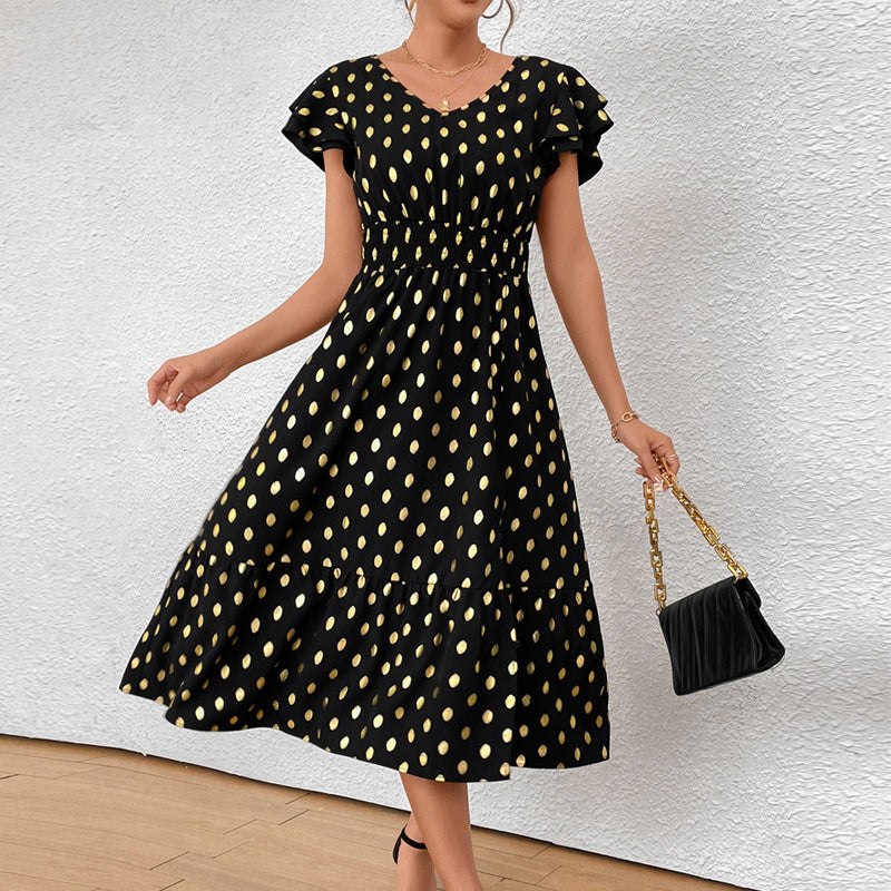 Damen Maxikleid mit Rüschendetails und schimmerndem Punktmuster EB