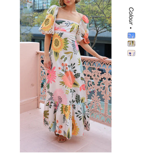 Damen Maxikleid mit eleganten Puffärmeln und floralen Akzenten EB