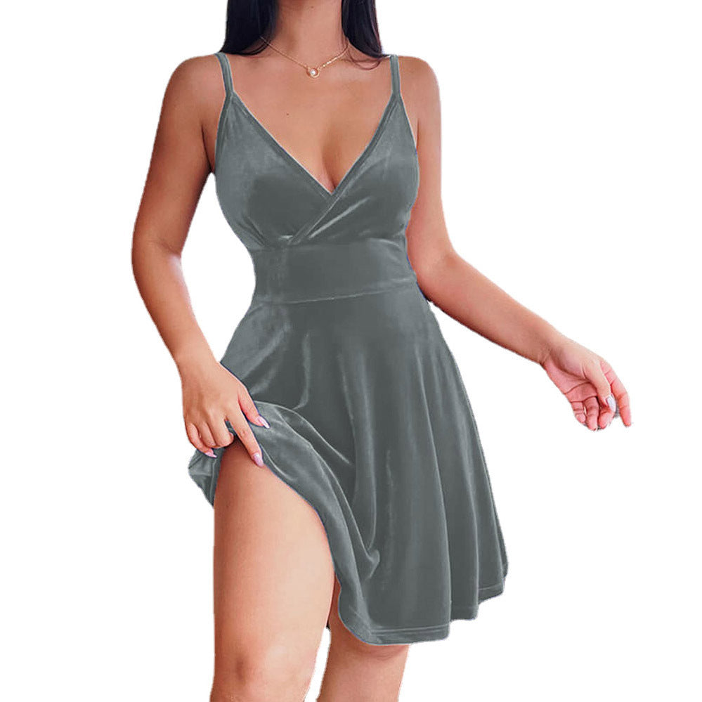 Damen edles Samtkleid im A-Linien Schnitt mit tiefem V-Ausschnitt und seitlichem Schlitz EB