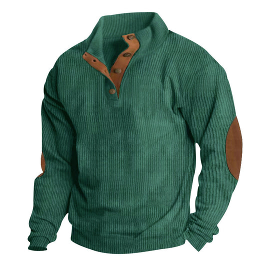 Herren nan rustikaler gerippter Pullover mit Henley-Kragen und lederartigen Ellbogenbesätzen EB