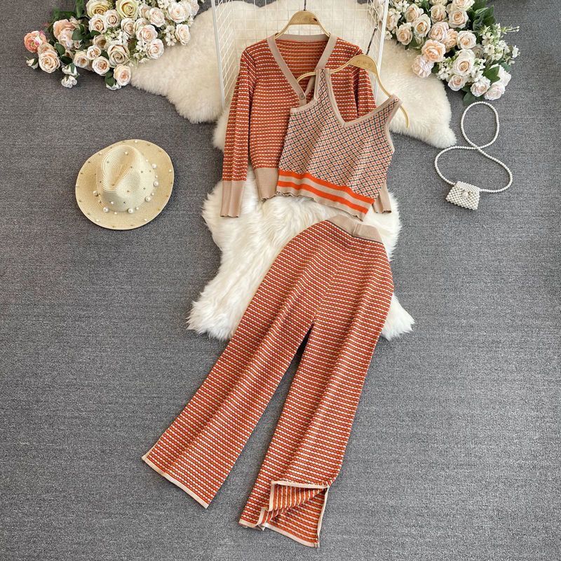 Damen Stylisches Strick-Loungewear-Set mit Tiefem V-Ausschnitt und Weit Geschnittenen Hosen EB