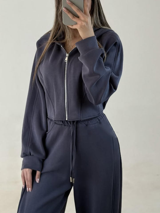 Damen nan weite Highwaist-Loungehose mit Tunnelzug, Eingrifftaschen und Ziernähten EB