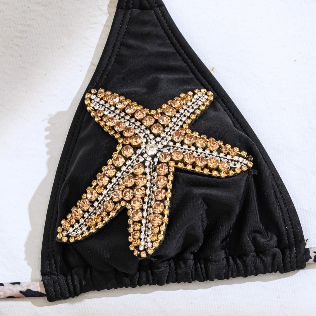 Damen Triangel-Bikini mit Glitzerstein-Dekoration und tierischem Muster EB