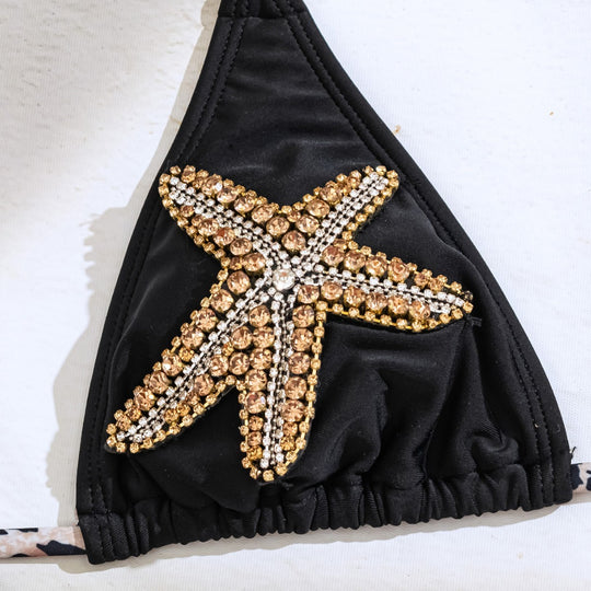 Damen Triangel-Bikini mit Glitzerstein-Dekoration und tierischem Muster EB
