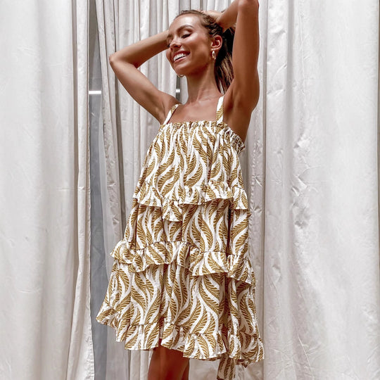 Damen Luftiges Strandkleid mit voluminösem Rock und Rüschendetails EB