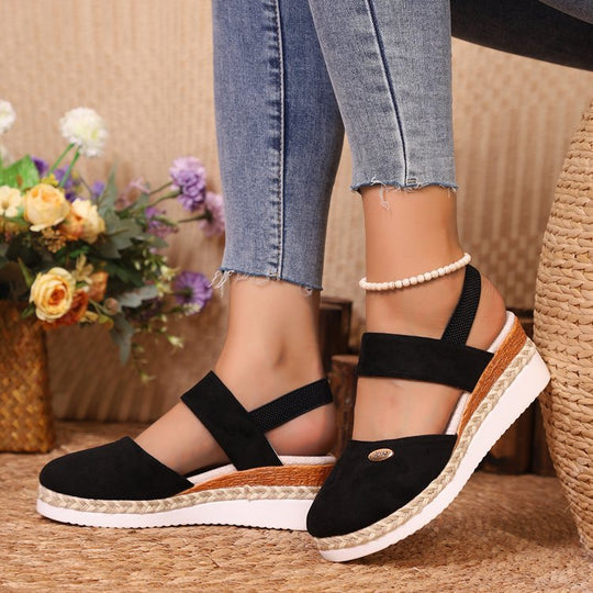 Damen  Espadrille-Keilpantoletten mit elastischem Fersenriemen, Veloursoptik-Obermaterial und geflochtenem Jute-Plateau EB
