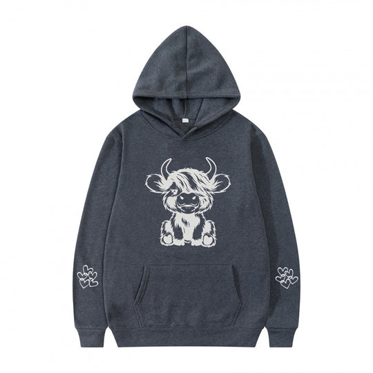 Damen Kapuzensweater mit entzückendem Kuhmotiv und praktischen Kängurutaschen EB
