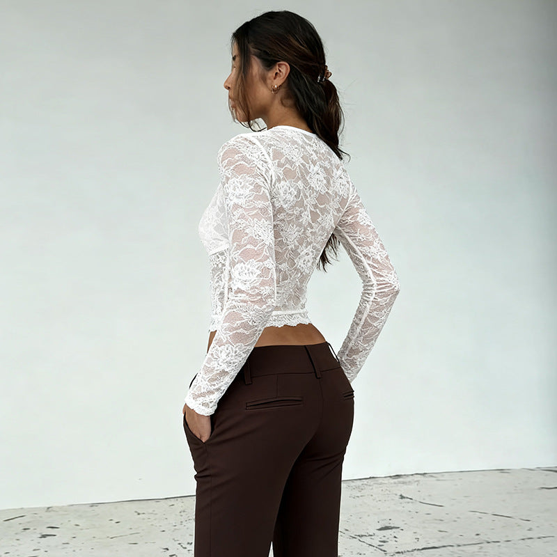 Damen Spitze Langarmshirt mit V-Ausschnitt und Rüschen EB