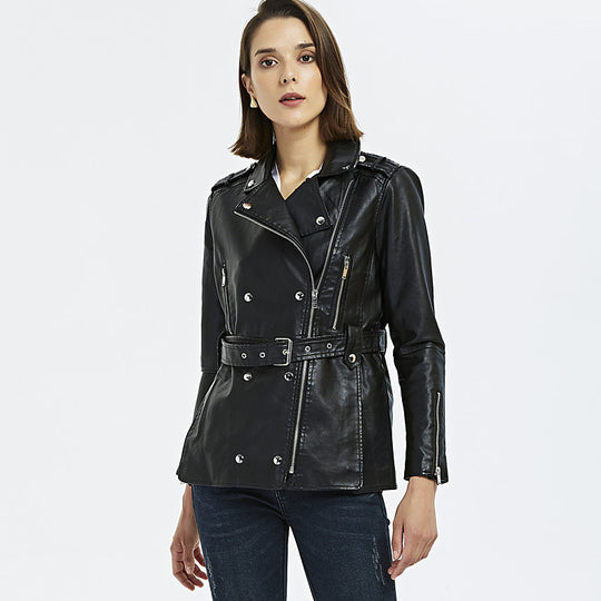 Damen zeitlose Bikerjacke aus Kunstleder mit Gürtel und Reißverschlussdetails EB