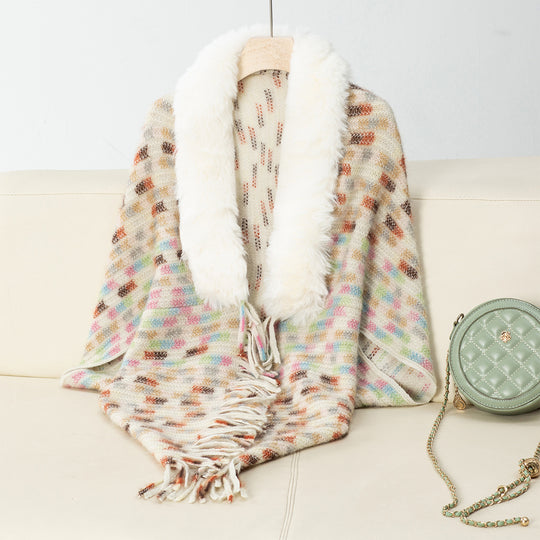 Damen eleganter Poncho mit luxuriösem Kunstfellkragen und Fransen EB