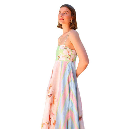 Damen Maxikleid mit floralem und gestreiftem Design EB