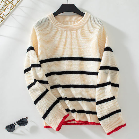 Damen klassischer Strickpullover mit maritimen Streifenmuster und weitem Schnitt EB