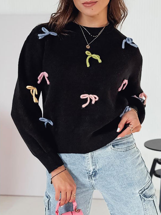 Damen Strickpullover mit verspielten Schleifenapplikationen und lässigem Schnitt EB