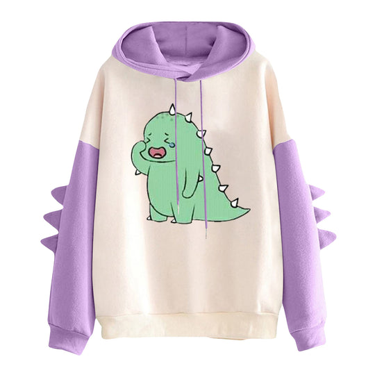 Damen nan Kapuzenpullover mit niedlichem Dino-Print, kontrastkapuze und dekorativen Stoffstacheln EB