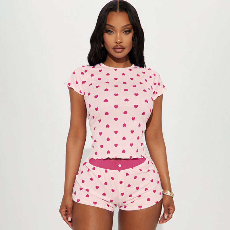 Damen Freizeitpyjama Set mit herzförmigem Design und elastischem Bund EB