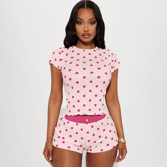 Damen Freizeitpyjama Set mit herzförmigem Design und elastischem Bund EB
