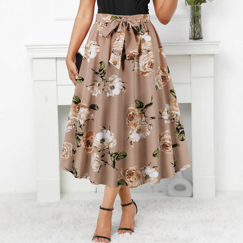 Damen Maxi-Rock mit floralem Muster und taillierter Schleife EB