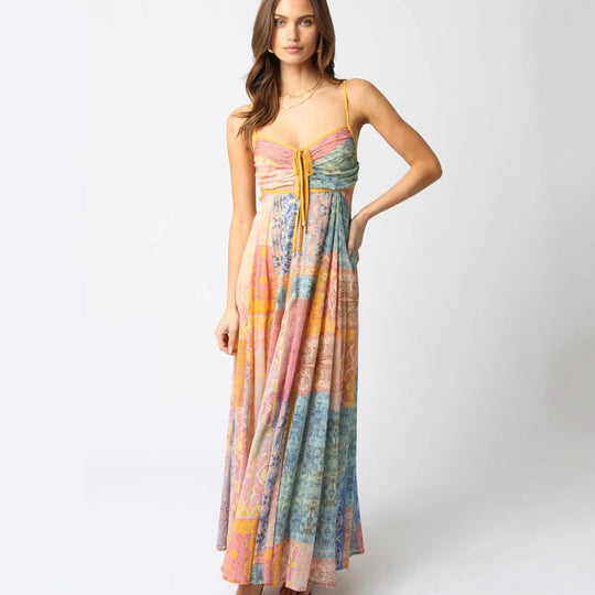 Damen Maxikleid mit floralem Patchwork-Design und verstellbaren Spaghettiträgern Heidi-Mode