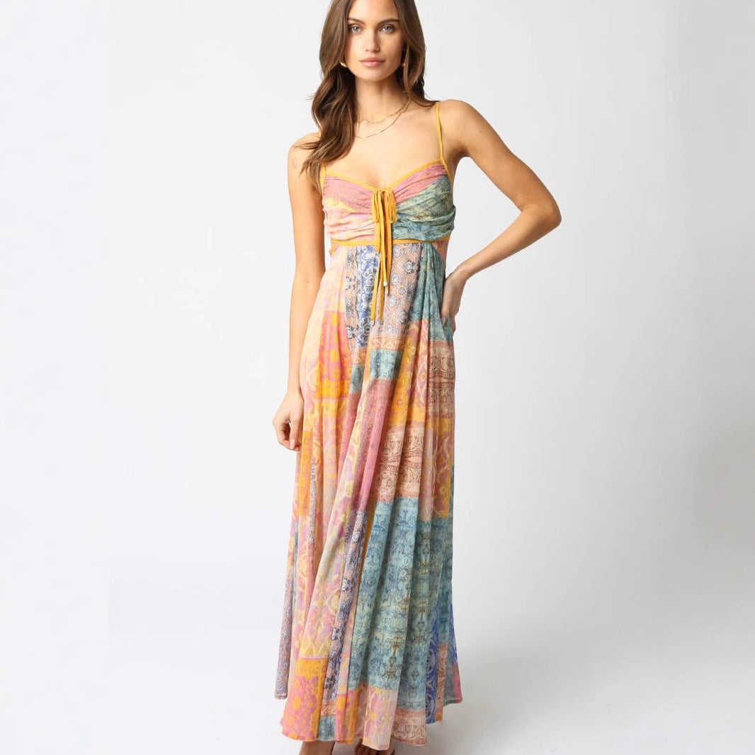 Damen nan bodenlanges Maxikleid mit gerafftem Bustier, Tunnelzug und Patchwork-Print EB