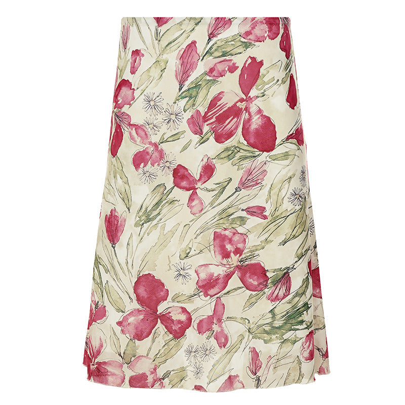 Damen nan ausgestellter Midirock mit floralem Aquarelldruck und hoher Taille EB