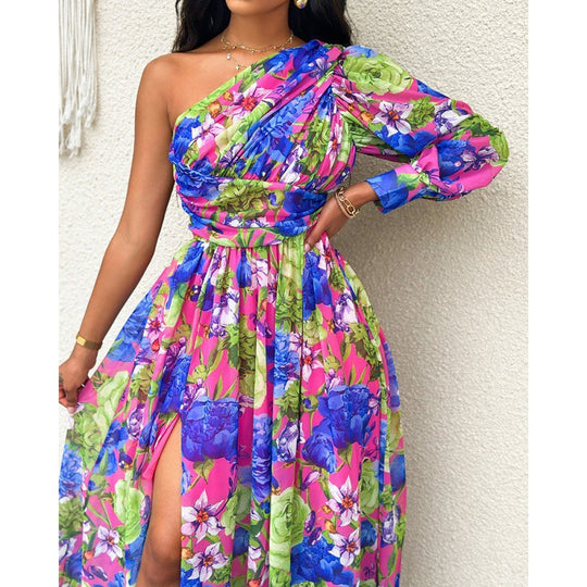 Damen Blumen Ein-Schulter Maxi Kleid EB