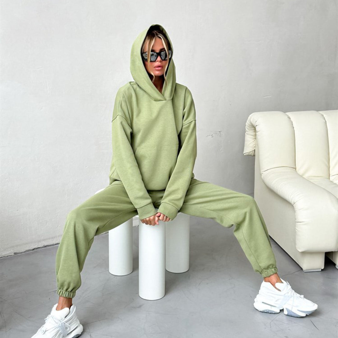 Damen nan Cropped Kapuzenpullover und taillierte Bündchen-Jogginghose Set aus schwerem French Terry EB