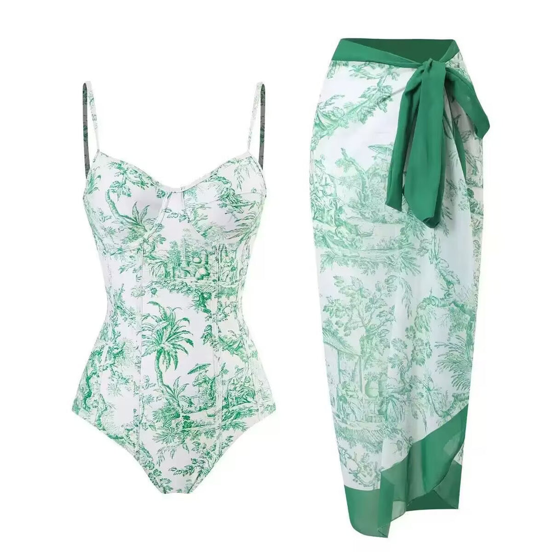 Damen Zweiteiliges Badeanzug-Set mit elegantem Wickelrock und floralem Druck EB