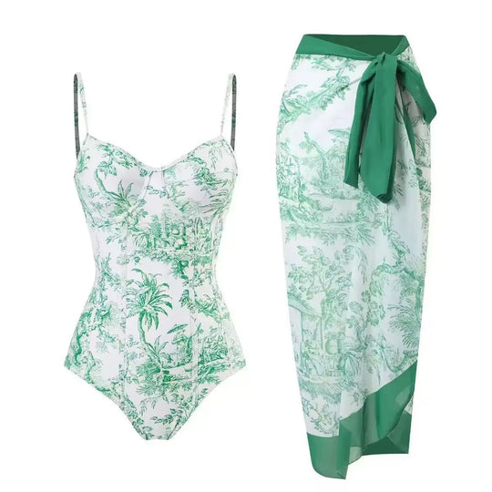 Damen Zweiteiliges Badeanzug-Set mit elegantem Wickelrock und floralem Druck EB
