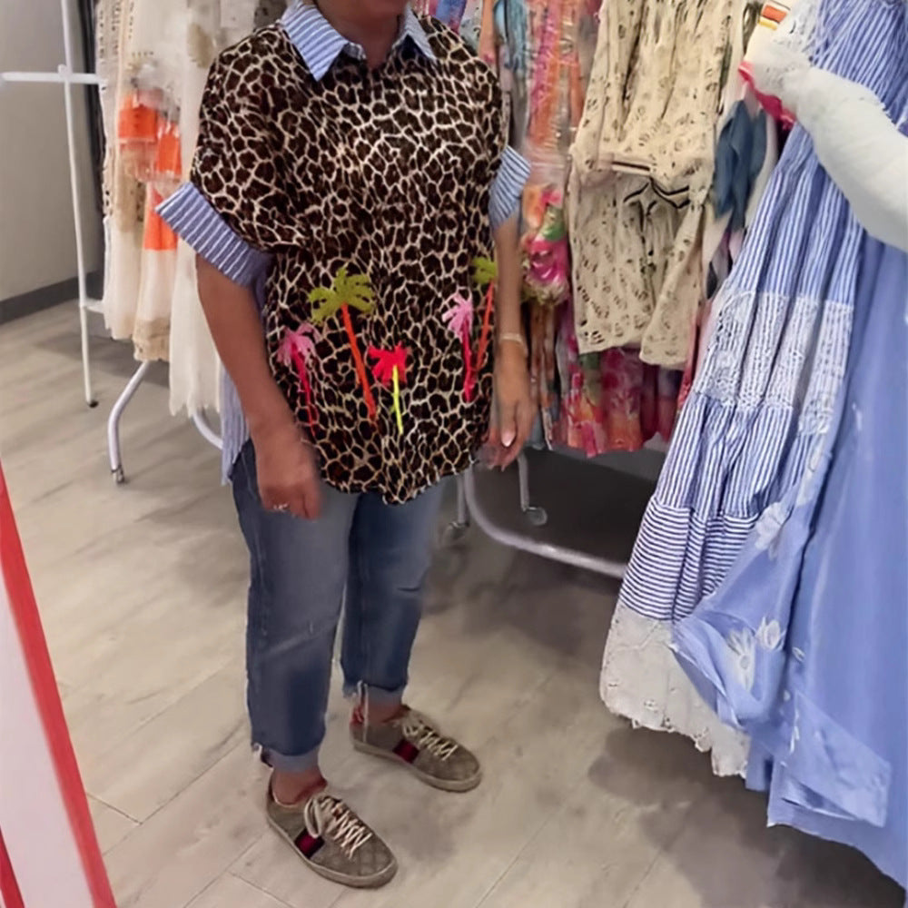 Damen nan weit geschnittene Poncho-Tunika mit Leoprint und dekorativen Flamingo-Applikationen EB