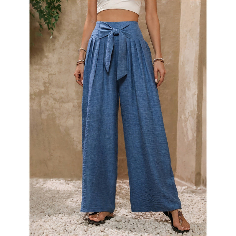 Damen Weite Hochtaillierte Hose mit Schleifenbund und Falten EB