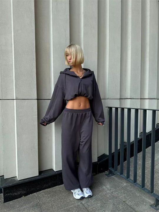 Damen nan kurz geschnittenes Zip-Hoodie und Highwaist Sweathose Lounge-Set mit Kapuze EB