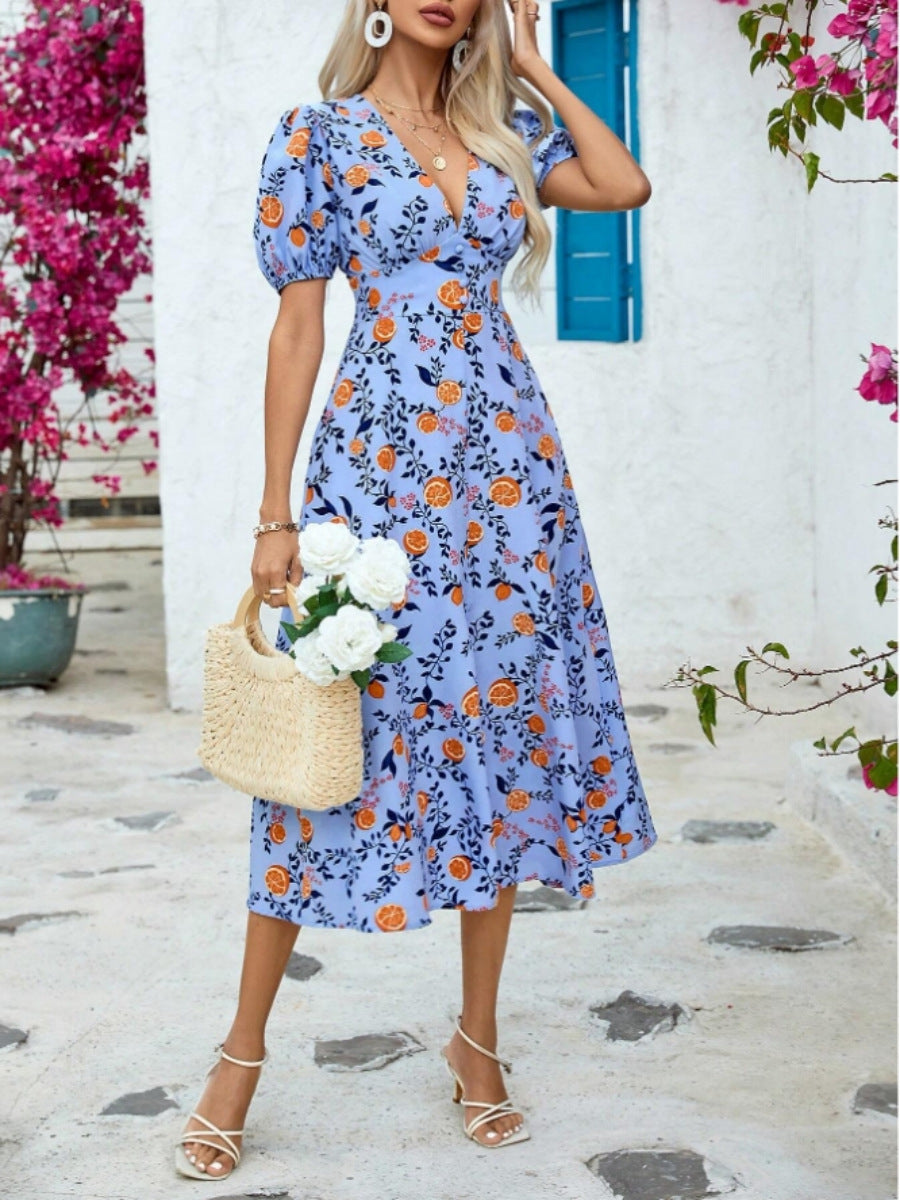 Damen Maxikleid mit durchgehendem Blumendruck und elegantem V-Ausschnitt EB