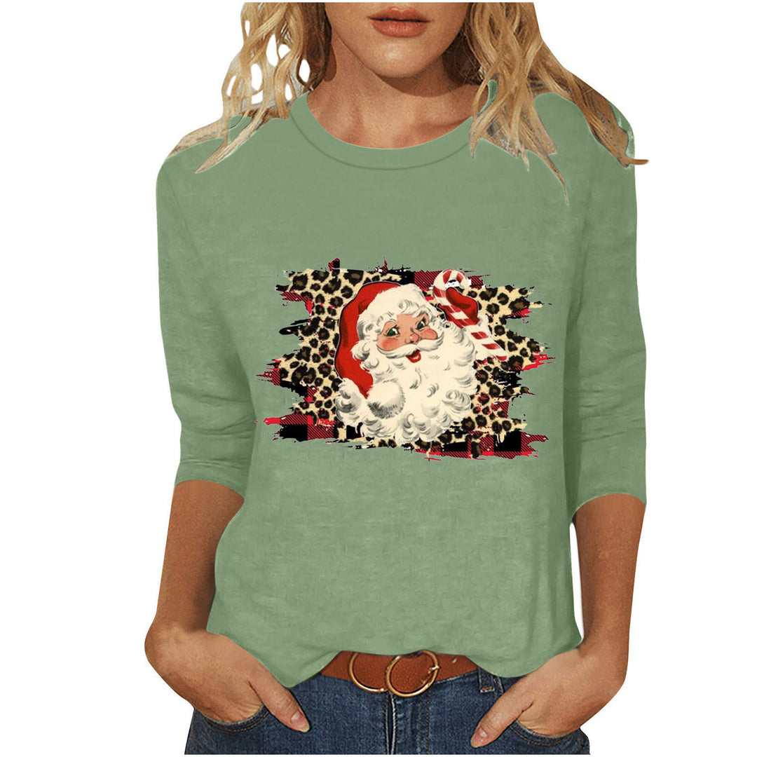 Damen nan lässiges Sweatshirt mit Retro-Weihnachtsmann-Print, Leoparden- und Karomuster und dreiviertelärmel EB