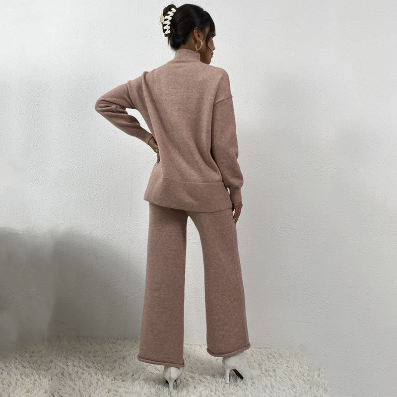Damen eleganter Strickanzug mit hohem Kragen und farbenfrohem Muster EB