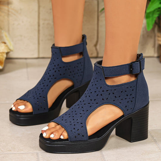 Damen  Cut-Out Knöchel-Sandalette mit mittelhohem Blockabsatz und perforiertem Veloursimitat EB