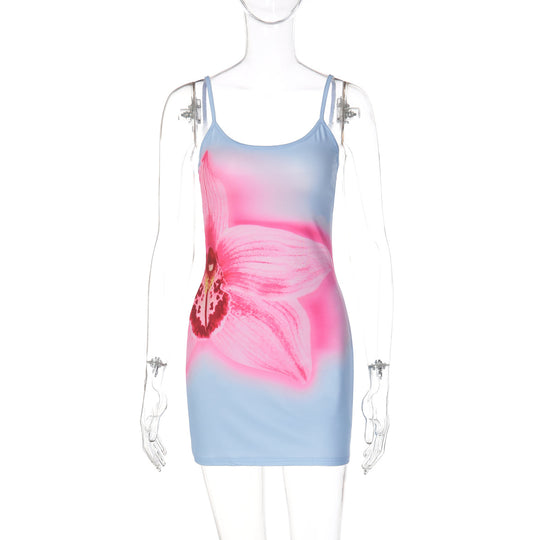 Damen Blütenmuster Minikleid mit feinen Spaghettiträgern EB