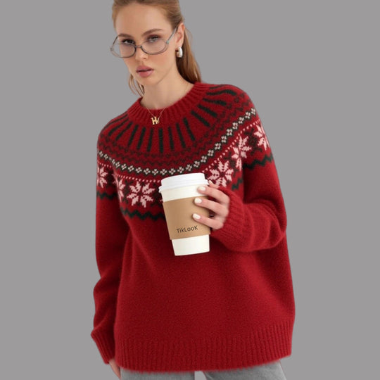 Damen Strickpullover mit festlichem Norweger-Motiv und weitem Schnitt EB